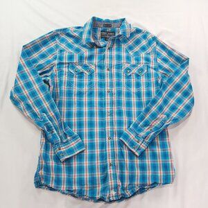 Cody James Western Flannel Shirt Plaid Button Up Long Sleeve Teal Small